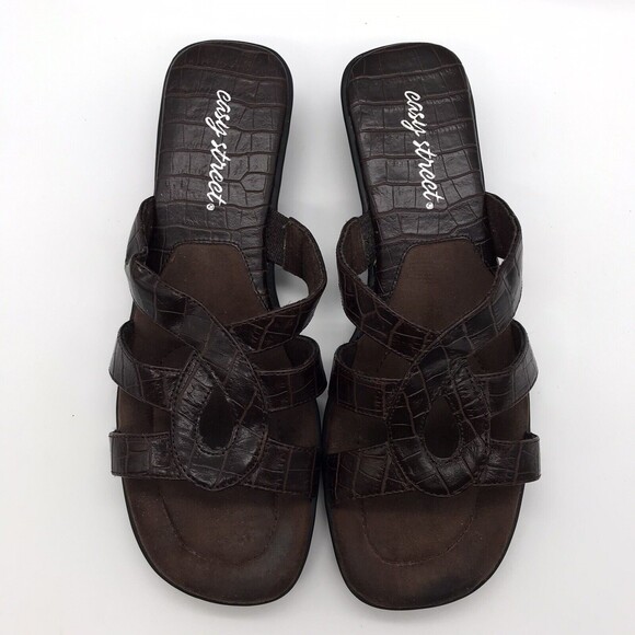 Easy Street Women's 9M Brown Sandals Faux Croc Print Open Toe Slides Mules Shoes - Picture 7 of 11